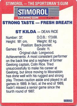 1990 AFL Scanlens Stimorol #142 Dean Rice Back